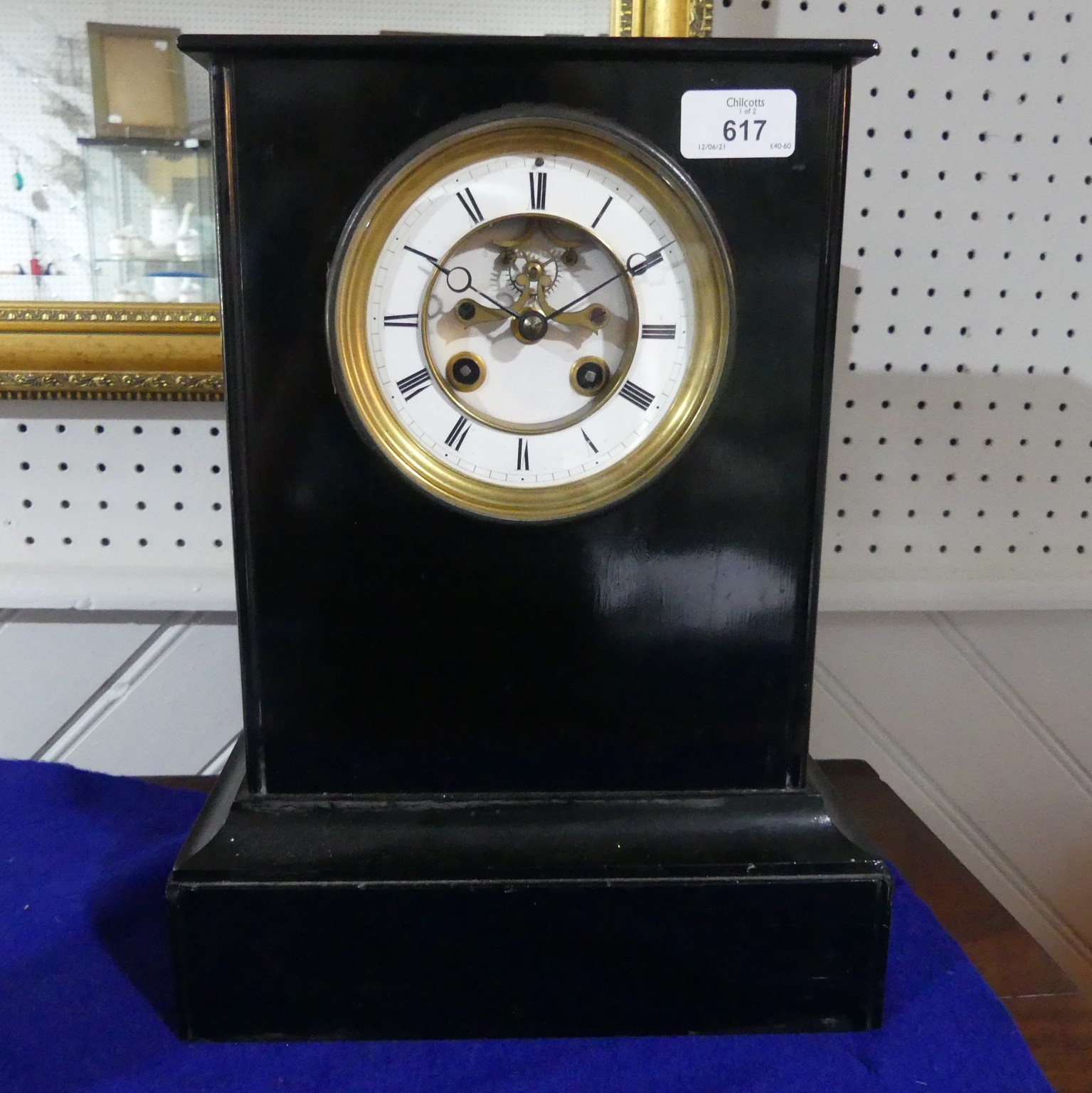 A handsome Victorian black slate Mantel Clock, the eight day movement striking on a bell, 14in - Image 2 of 5