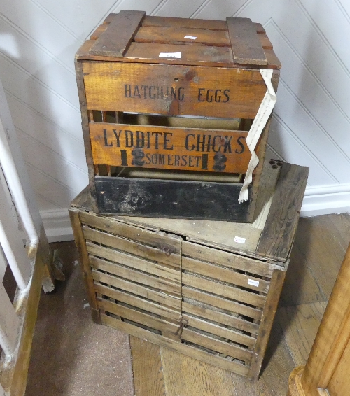 A vintage 'Egg Hatching' Crate, the wooden slatted structure stamped with 'LYDDITE CHICKS