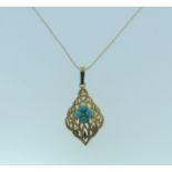 A small 9ct yellow gold and turquoise Pendant, of openwork diamond shape, the centre set with four