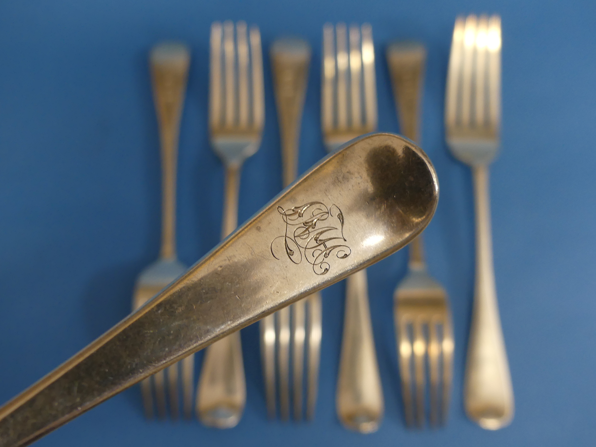 A collection of seven 19thC silver Forks, all Old English pattern, including three Victorian, by - Image 2 of 5