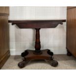 A Victorian mahogany Tea Table, the fold-over top on shaped column, quatreform base and scroll feet,