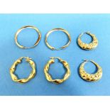 Three pairs of 18ct yellow gold hollow hoop Earrings, approx total weight 14.9g (3)