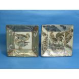A pair of 20th century studio pottery wall plates/dishes, of square form, decorated in coloured