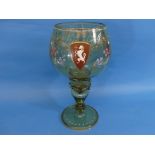 A large Bohemian green glass armorial Goblet Vase, the bowl painted in coloured enamels with