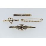 Three small 9ct yellow gold Bar Brooches, including one with heart, together with another set garnet