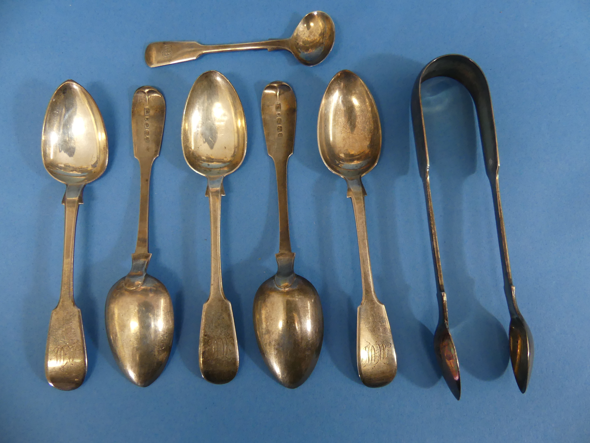 A set of five Victorian silver Teaspoons, by John Stone, hallmarked Exeter, 1851, fiddle pattern,