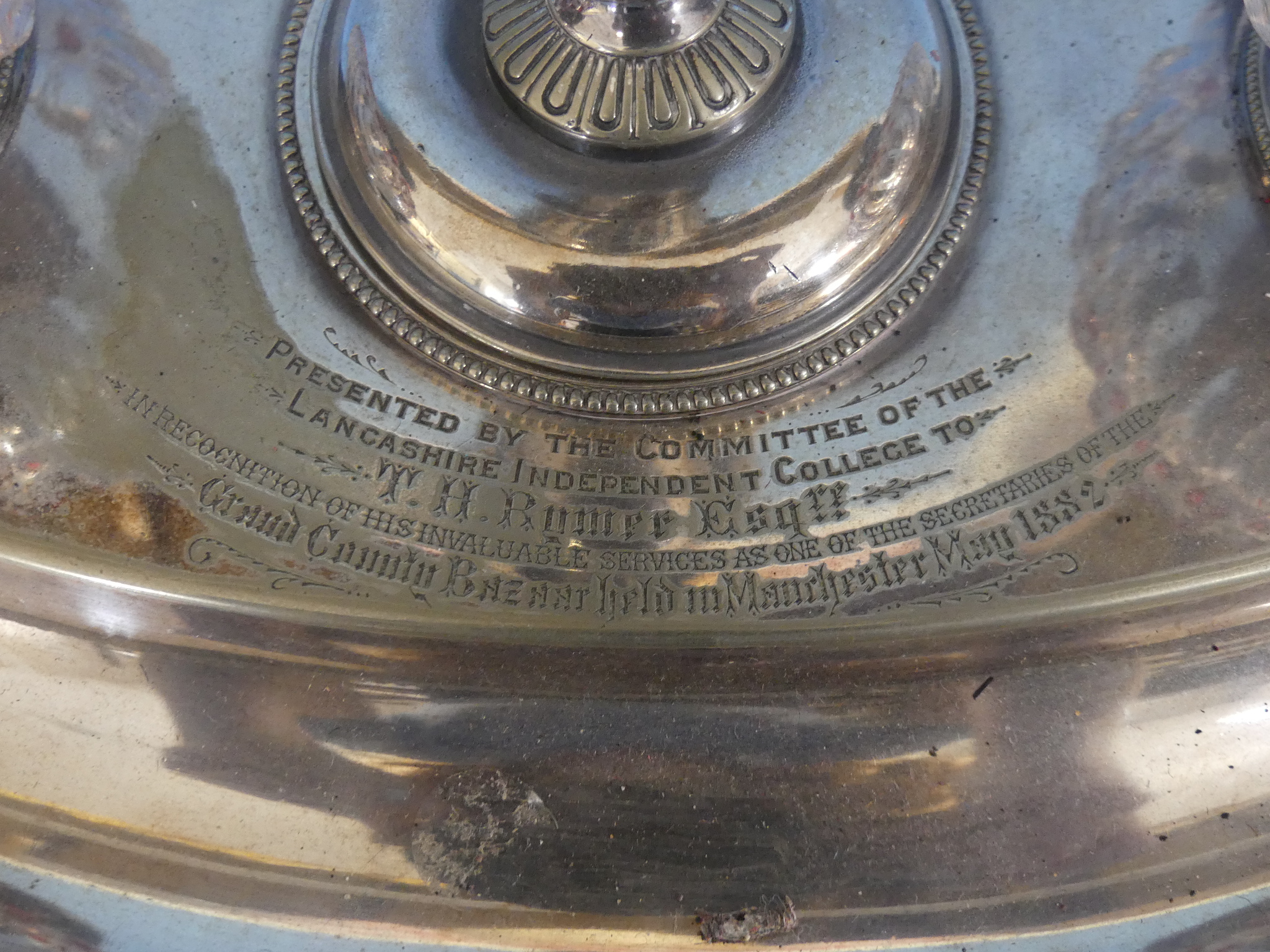 A Victorian silver-plated and cut glass Inkstand, of oval form, the two ink pots flanking a taper - Image 3 of 4