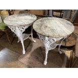 A pair of Victorian 'Britannia' cast iron circular Pub Tables, painted white with white marble tops,