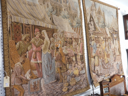 A pair of machine made Belgian 'Metrax' hanging tapestries depicting medieval continental market - Image 3 of 4