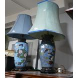 Two early 20thC Japanese Cloisonne vases, later turned into lampbases, each blue ground decorated