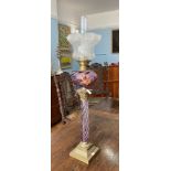 A Victorian purple glass and gilt brass Corinthian column Oil Lamp, the purple glass spiral twist