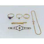 A small quantity of Gold, including a small 9ct tie pin, a 9ct wedding band, a 9ct fine link