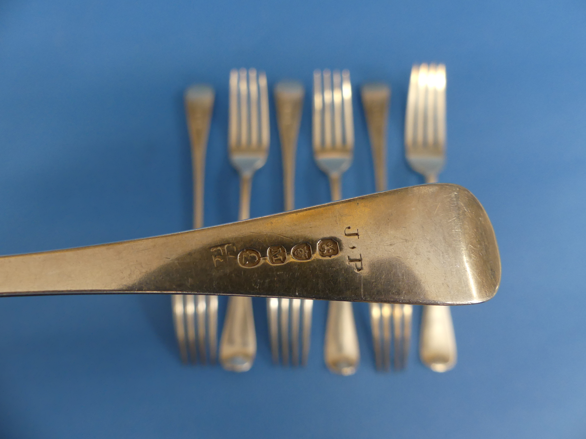 A collection of seven 19thC silver Forks, all Old English pattern, including three Victorian, by - Image 3 of 5