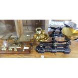 A Victorian set of brass Postal Scales, and weights (1oz and ¼oz missing) a set of vintage scales by