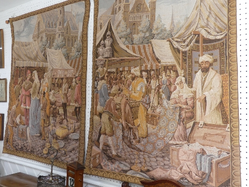 A pair of machine made Belgian 'Metrax' hanging tapestries depicting medieval continental market - Image 2 of 4
