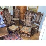 A set of eight antique Carolean-style carved oak Dining Chairs, including two carvers, carved with