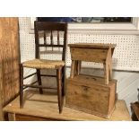 An early 20thC rustic pine shoe-shine Stool, together with a rustic pine box and a rush-seated chair