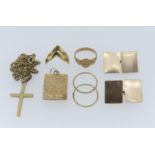 A quantity of 9ct Gold, including a cross pendant and chain, a hinged locket with foliate