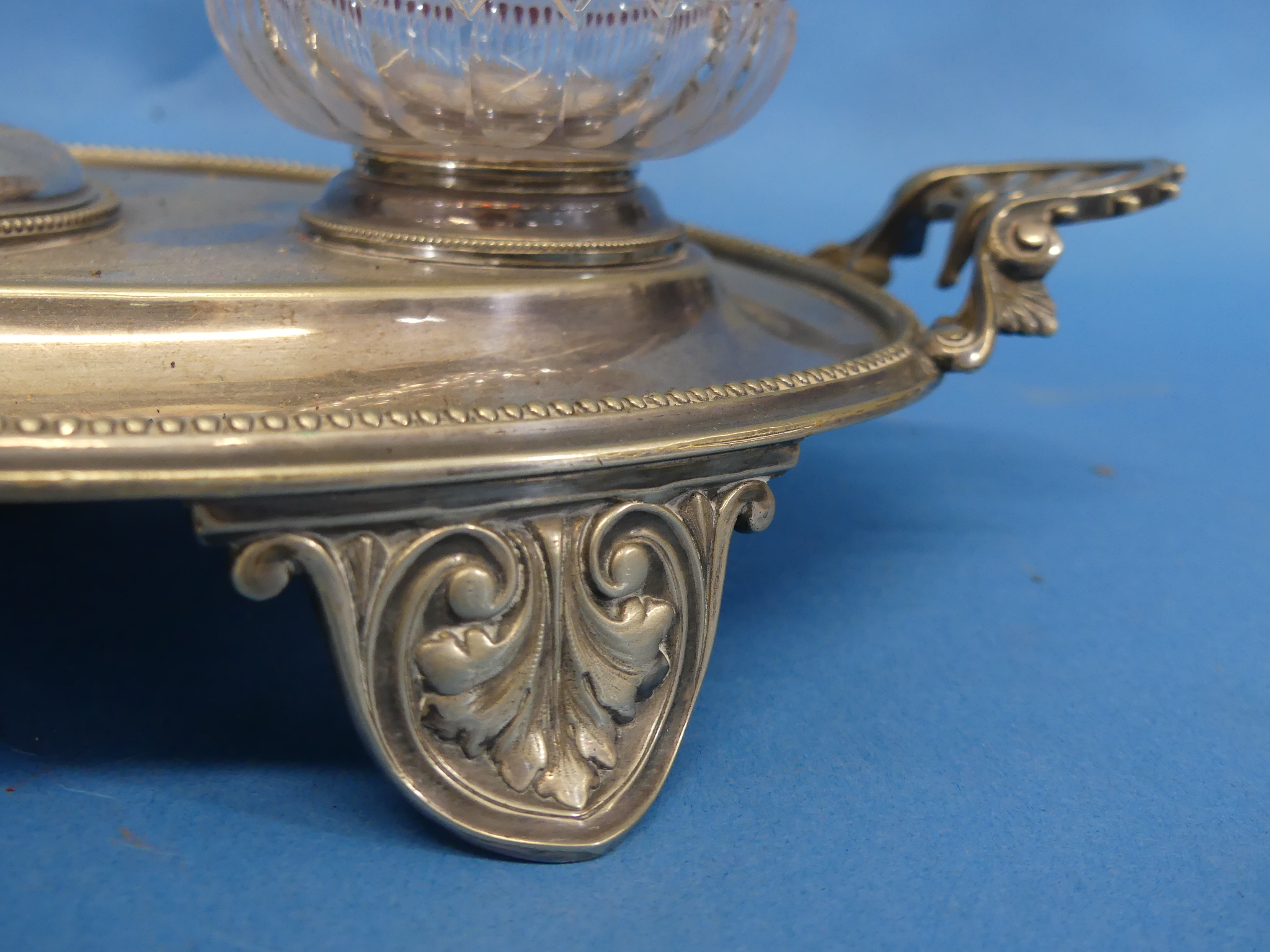 A Victorian silver-plated and cut glass Inkstand, of oval form, the two ink pots flanking a taper - Image 2 of 4