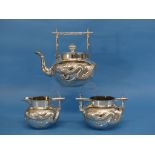 A Chinese export silver three piece Tea Set, by Wang Hing, Canton, of circular form with 'bamboo'