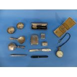A mixed quantity of silver Items, including a small travelling silver cased watch, hallmarked