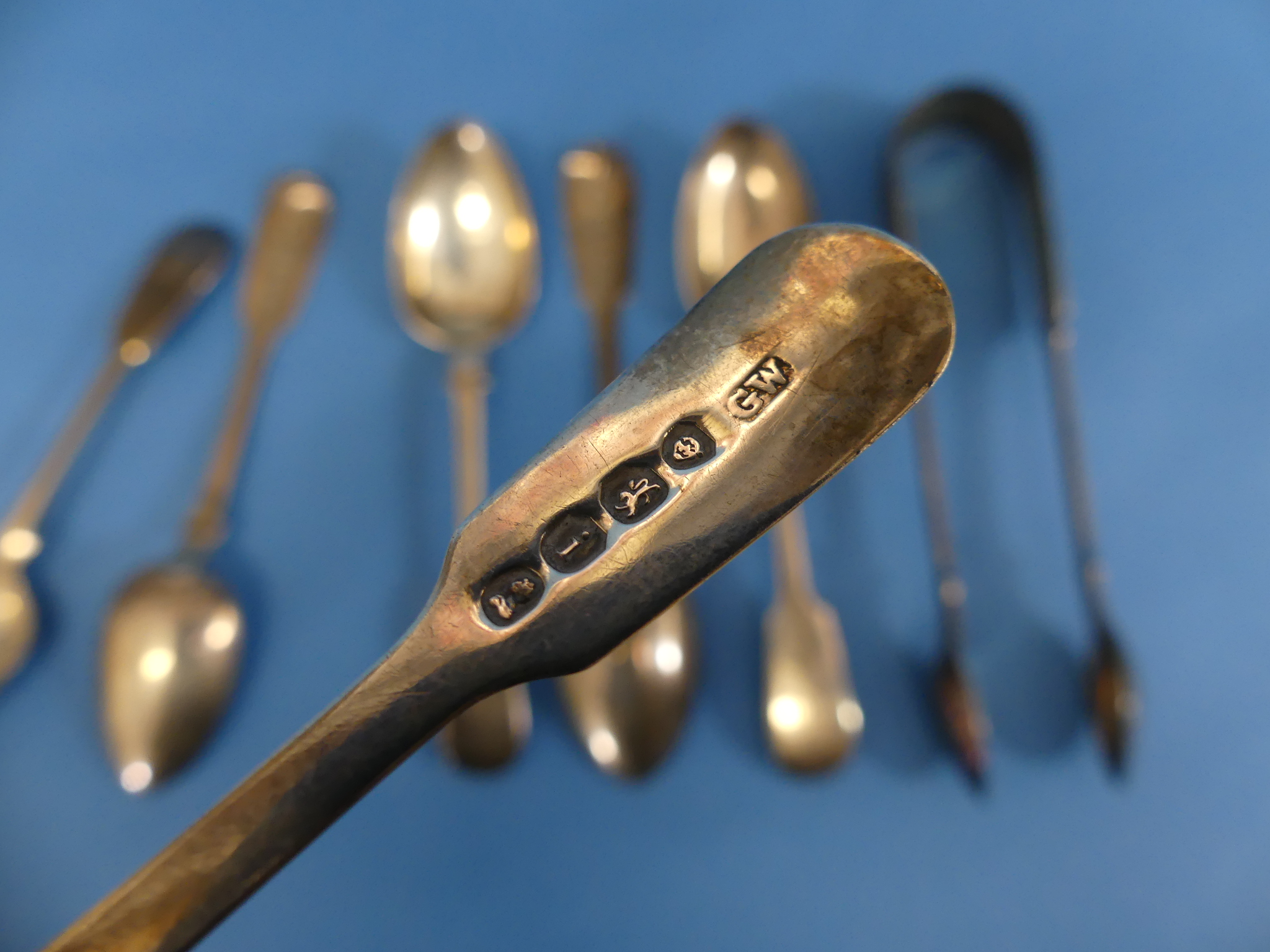 A set of five Victorian silver Teaspoons, by John Stone, hallmarked Exeter, 1851, fiddle pattern, - Image 5 of 6