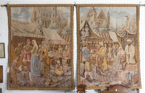 A pair of machine made Belgian 'Metrax' hanging tapestries depicting medieval continental market