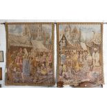 A pair of machine made Belgian 'Metrax' hanging tapestries depicting medieval continental market
