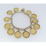 A 9ct yellow gold link Bracelet, with a 9ct padlock clasp, with twelve half sovereigns suspended,