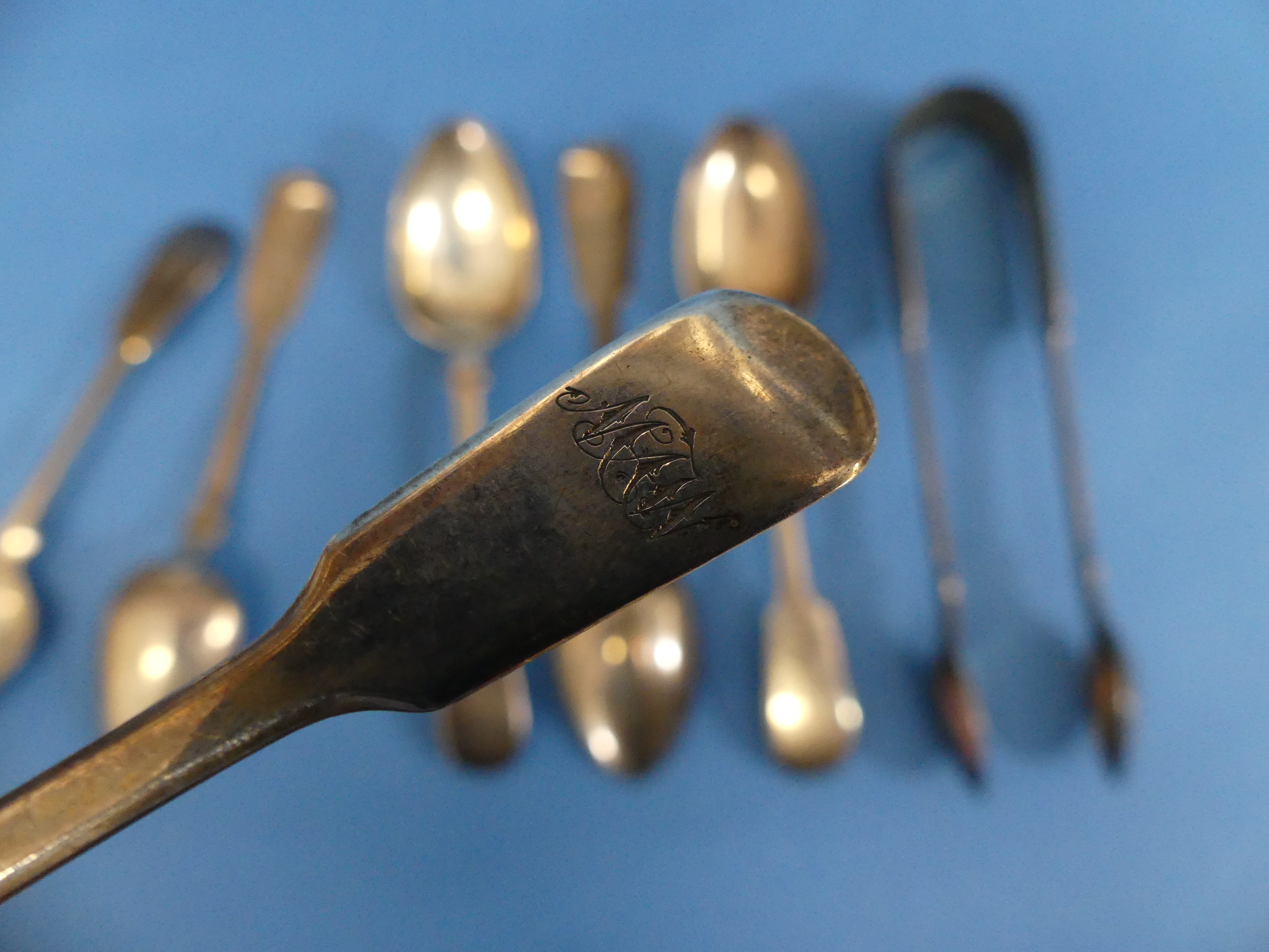 A set of five Victorian silver Teaspoons, by John Stone, hallmarked Exeter, 1851, fiddle pattern, - Image 4 of 6