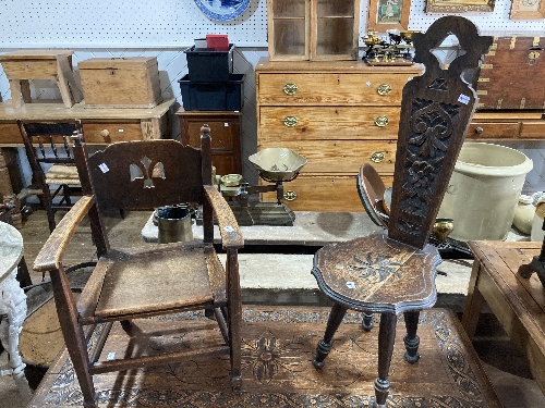 An antique provincial oak child's Commode Chair, together with a carved oak spinning chair (20