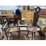 An antique provincial oak child's Commode Chair, together with a carved oak spinning chair (20