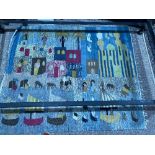 A folk art flat-weave wool Wall Hanging, probably South American, naively depicting houses, trees,