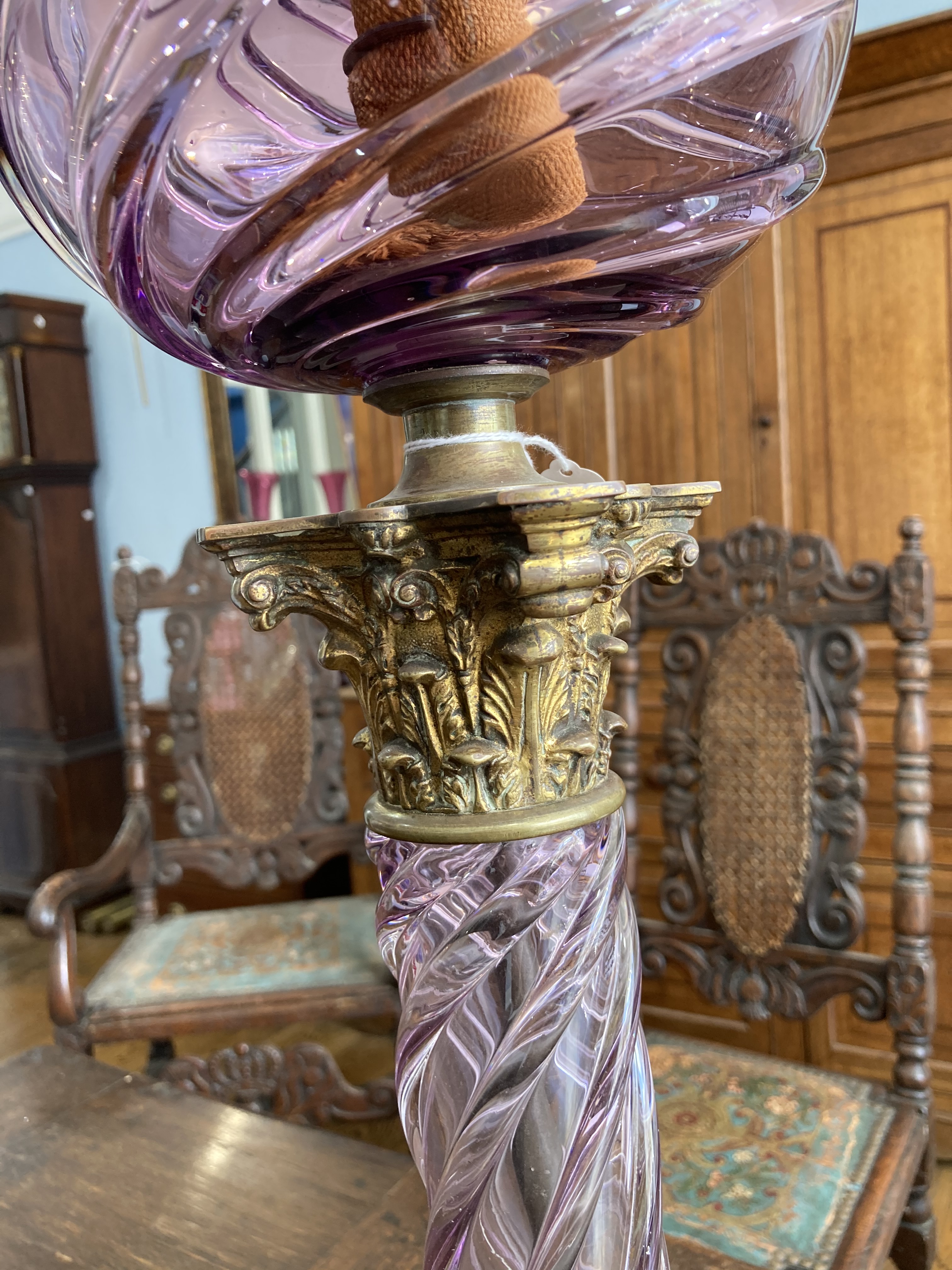 A Victorian purple glass and gilt brass Corinthian column Oil Lamp, the purple glass spiral twist - Image 3 of 6