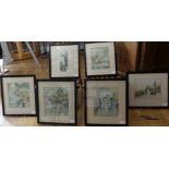 A set of six early 20thC Chinese printed silk Pictures, depicting traditional Chinese rural lake