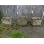 Four reconstituted stone square Plant Pots, 15in x 15in (38cm x 38cm), together with three vintage