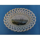 An early 20thC Meissen oval Dish, with lattice pierced sides, the front with depiction of Dresden,
