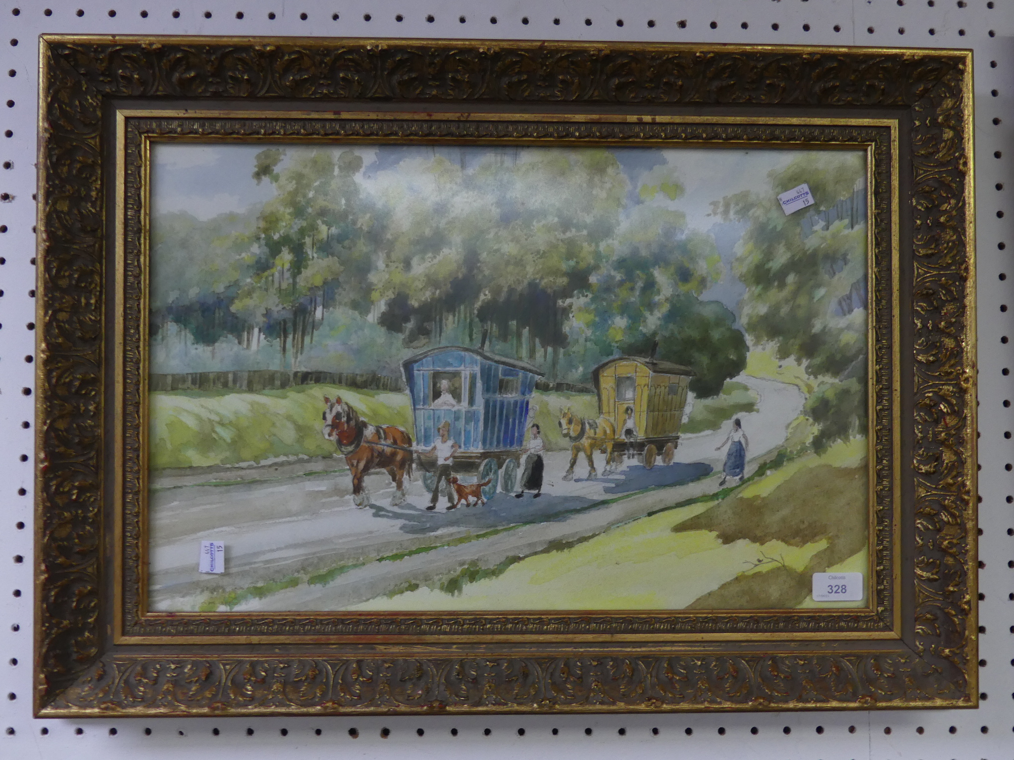 William Arnold, mid 20thC Watercolour, depicting two gypsy caravans with their owners, signed bottom - Image 2 of 6