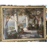 20thC Continental School, View from a columned terrace over an Italian (?) lake, oil on canvas,