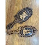 A pair of 19thC oval hand Mirrors, in inlaid fruitwood and open fretwork, 16in (43cm) long (2)