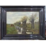 Continental School, Pollarded trees and grazing cattle in a river landscape, oil on canvas, signed