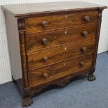 An early 20thC mahogany Chest of Drawers, the half veneered top upon four long drawers, graduated in