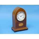 An Edwardian Gothic Arch mahogany and inlaid Mantel Clock, with French brass 8-day movement signed