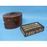 An antique Porcupine Quill Box, inlaid with ebony and ivory, sliding motion with vacant interior,