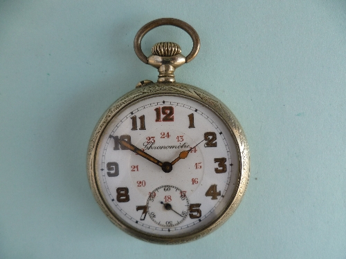 Two continental silver-plated chronometer Pocket Watches, each with 24-hour dials and subsidiary - Image 2 of 4