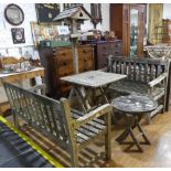 Garden Furniture; a pair of late 20thC hardwood slatted Garden Benches, each 48in wide x 22in