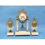 A French three-piece white marble and gilt metal Garniture Clock Set, comprising centre pillar clock