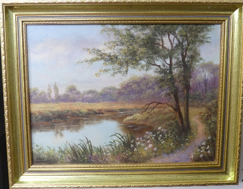 •Jean Batten (20thC, British) 'Sunset River' Oil on Canvas, signed bottom right corner, with label - Image 2 of 3