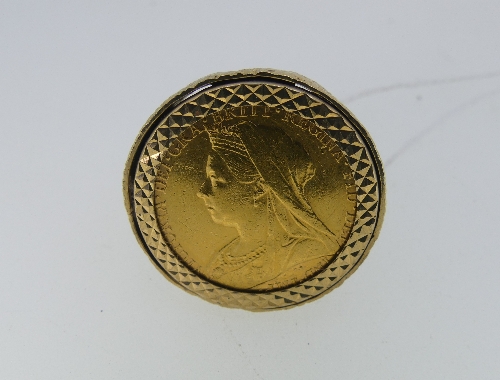 A Victorian gold Sovereign, dated 1899, Melbourne Mint, in 9ct gold ring mount with pierced