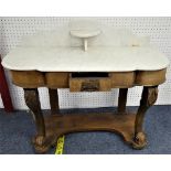 A Victorian mahogany framed marble-topped Washstand, the marble top with central marble pediment,